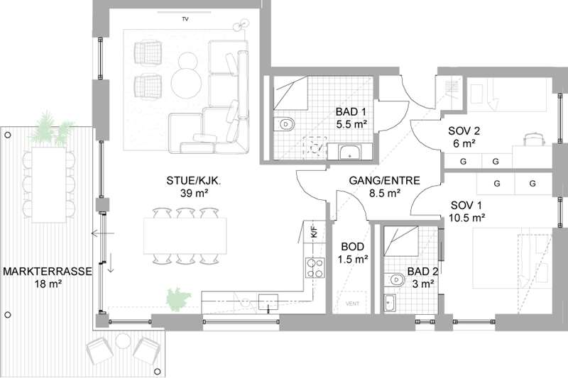 Alternativ planløsning: 3-roms leilighet, mot ekstra kostnad
